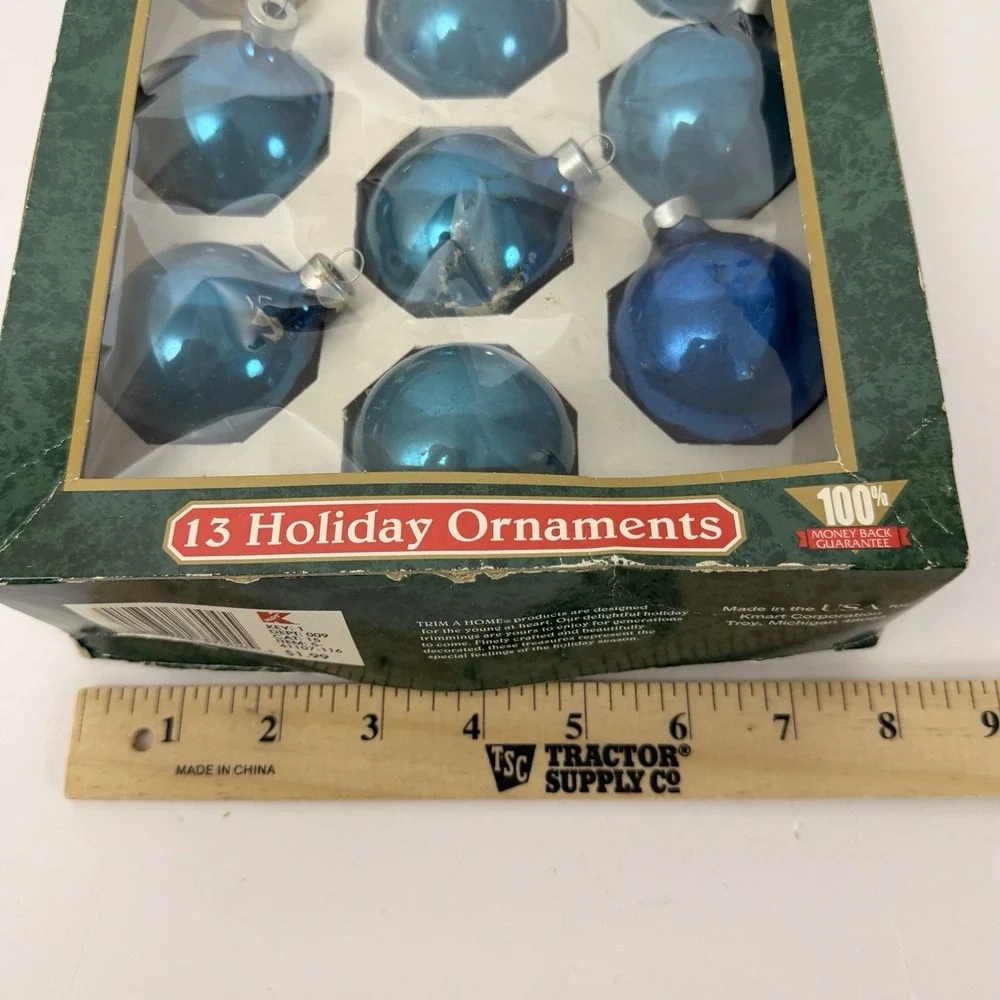 Vintage Trim A Home Kmart Blue Gold Christmas Ornaments USA 13 Pc Shiny Retro